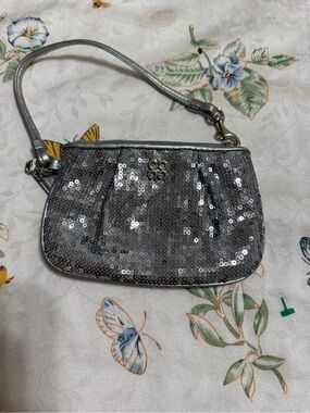Coach Silver Sequin Wristlet Clutch